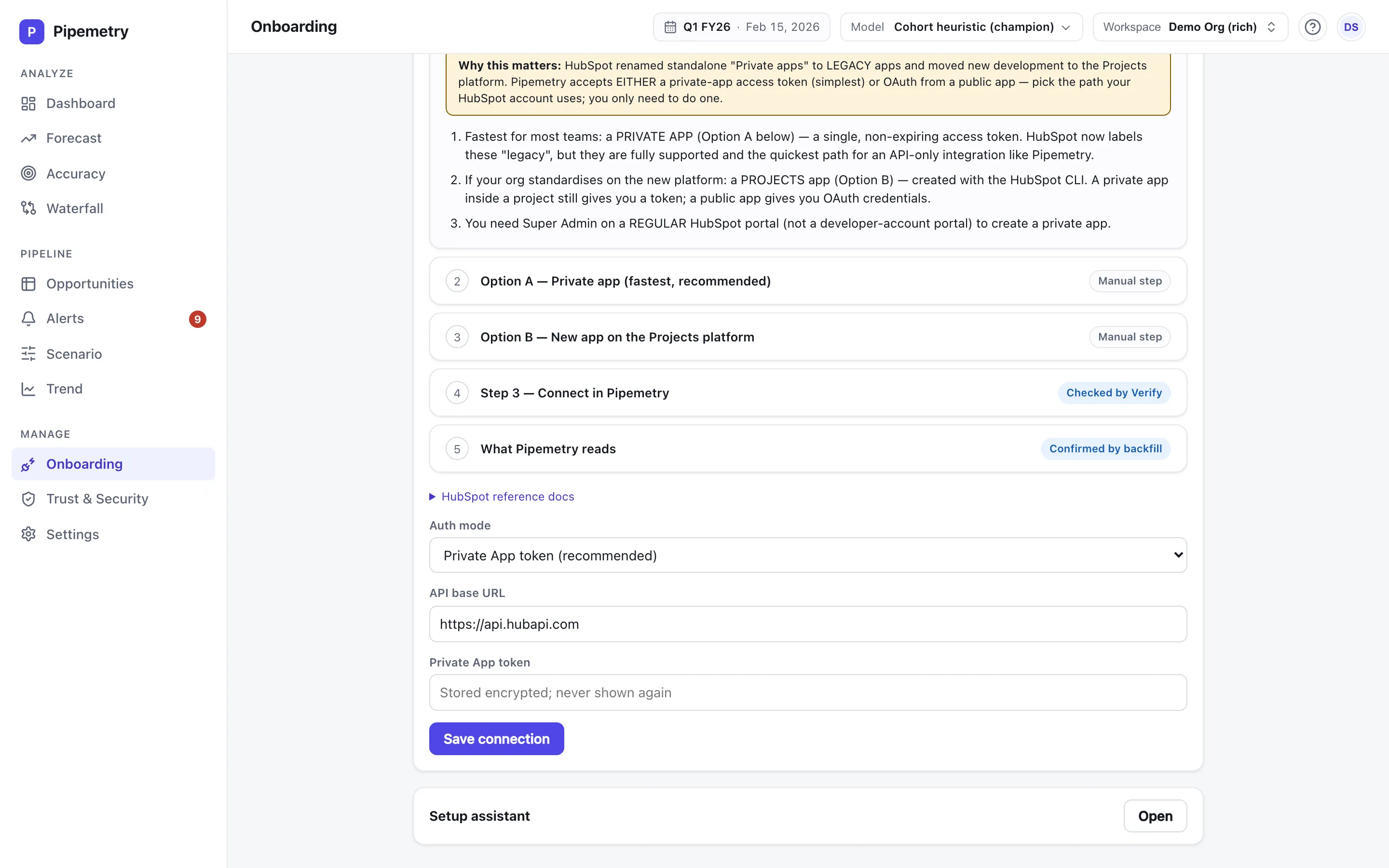 Pipemetry’s guided HubSpot onboarding on a demo workspace: choose between a private-app token or an OAuth app, with step-by-step instructions and the token field noting it is stored encrypted and never shown again.